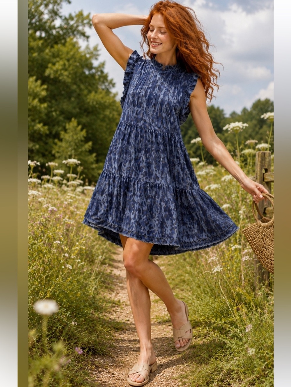 Blue Abstract Animal-Print Tiered Dress by Anthropology size xsp